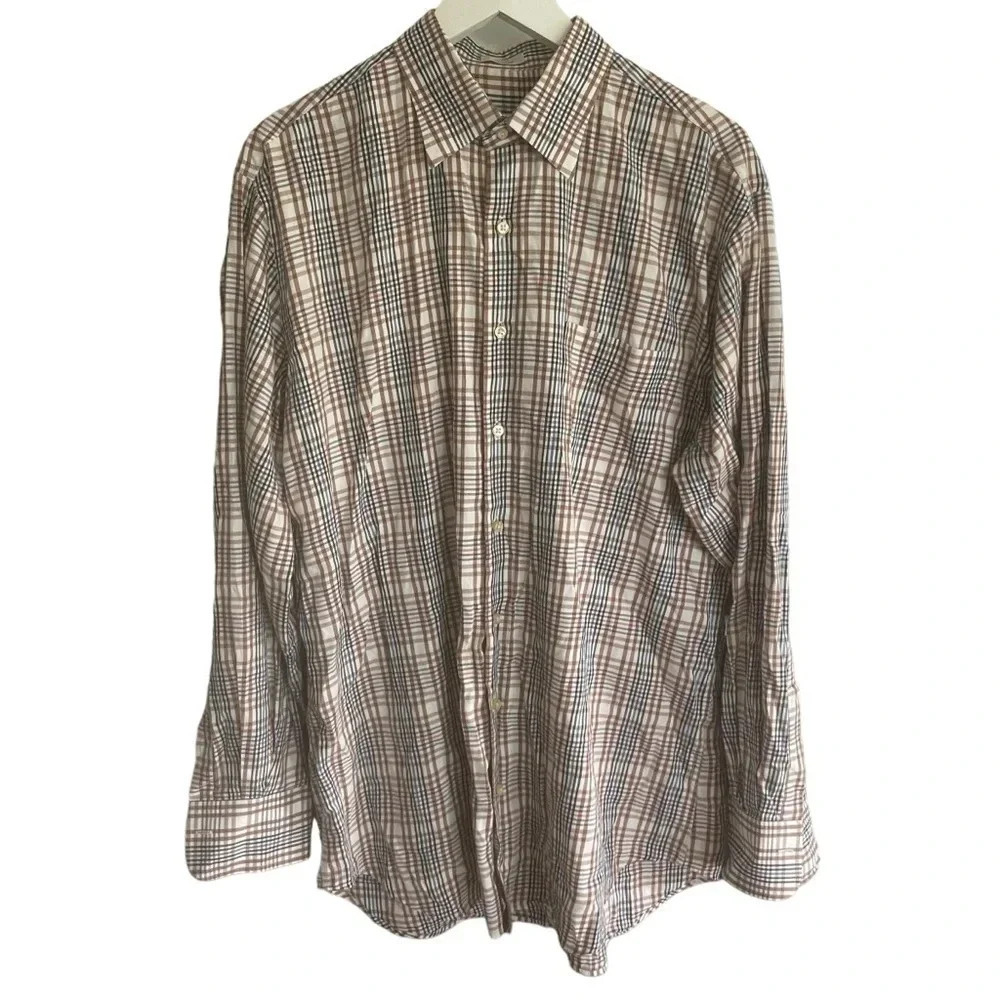 Peter Millar 100% Cotton Button Up Long Sleeve Shirt Brown Stripes Size Large